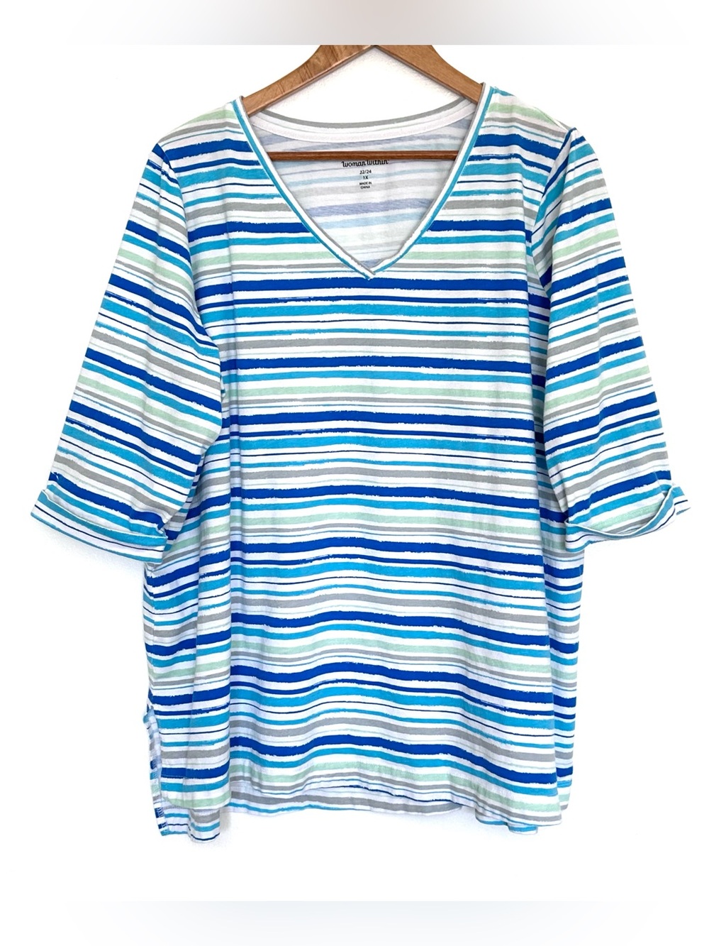 Woman Within Plus Shirt 1X Striped V Neck 3/4 Sleeve Pullover Top